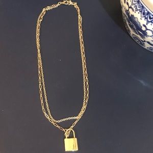 New Gold Tone padlock double chain necklace